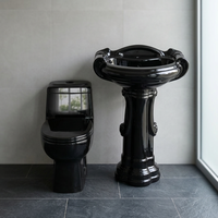 Ensemble de salle de bain de haute qualité en céramique de couleur noire, toilette monobloc avec lavabo sur pied en porcelaine
