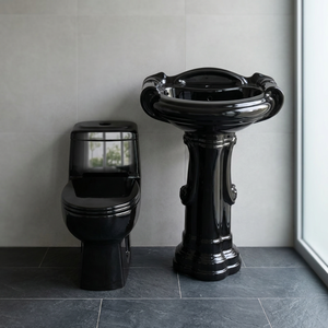 Hot Black Color High Quality Bathroom Suit Ceramic One Piece Toilet Commode with Pedestal Wash Basin in Porcelain Product - Product Image 1
