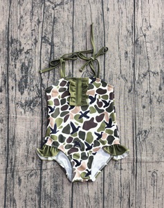 S0744 Maillot de bain personnalisé pour petite fille active, imprimé camouflage vert, vente en gros, ensemble de maillots de bain sans manches pour enfants - Product Image 1