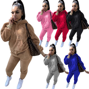 Nuovi arrivi abiti invernali caldi soffice tuta spessa <span class=keywords><strong>maglione</strong></span> tinta unita <span class=keywords><strong>vestiti</strong></span> con cappuccio donna due pezzi pantaloni - Product Image 1