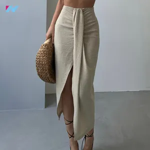 Wholesale Custom High Waist Slit Cotton Linen Maxi Wrap Skirt For Women