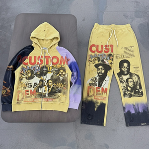 OEM Custom Pattern Printing Streetwear Digital Printing Color Blocking 2-piece Heavyweight 400 GSM Zipper-up Men's Hoodie Set - Product Image 1