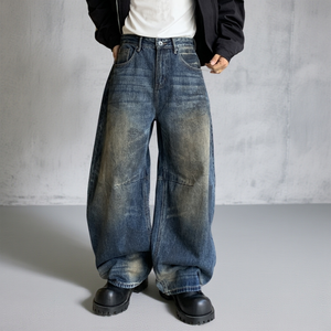 Jeans baggy sur mesure pour hommes, coupe large, en denim délavé, style workwear, design à empiècements, streetwear, style vintage - Product Image 1