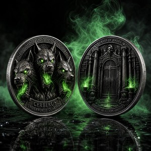 Moneda Conmemorativa de Cerberus en Relieve 3D Personalizada, Plata Fina .999, Esmalte Verde, Moneda del Guardián del Submundo para Regalo de Lujo - Product Image 1