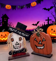 Ornement de citrouille et de crâne d'Halloween personnalisé, gravé sur bois, éco-responsable, fait main, pour la décoration de la maison et des hôtels
