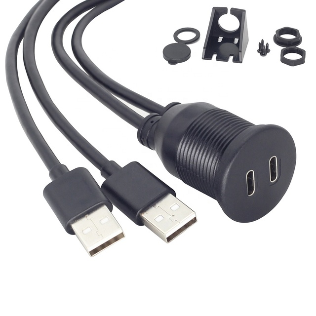 Type C Female and USB 2.0 Car Mount Flush Cable Waterproof Male to Female Extension for Truck Boat Motorcycle Dashboard