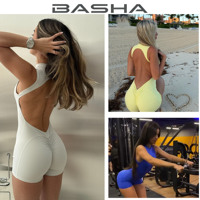 Combinaison de sport ajourée sans manches, courte, une pièce, avec dos ouvert et effet froncé, pour la gym, la course et le fitness