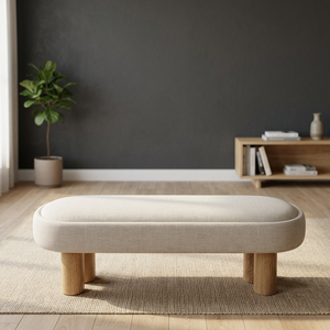 Banc convertible minimaliste rembourré avec pieds en chêne et assise en tissu, design moderne pour l'ameublement de chambre à coucher - Product Image 3