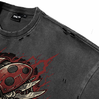 Vintage Acid Wash Grijze Cyberpunk Lieveheersbeestje T-shirts met Letterprint voor Heren, Ademend, Oversized Streetwear Tees voor Groothandel