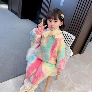 Ensemble de jogging 2 pièces teint par cravate pour petites filles, sweat-shirt à capuche court et sweat-shirt décontracté, <span class=keywords><strong>tenue</strong></span> <span class=keywords><strong>en</strong></span> peluche de <span class=keywords><strong>laine</strong></span> d'agneau pour bébés - Product Image 4