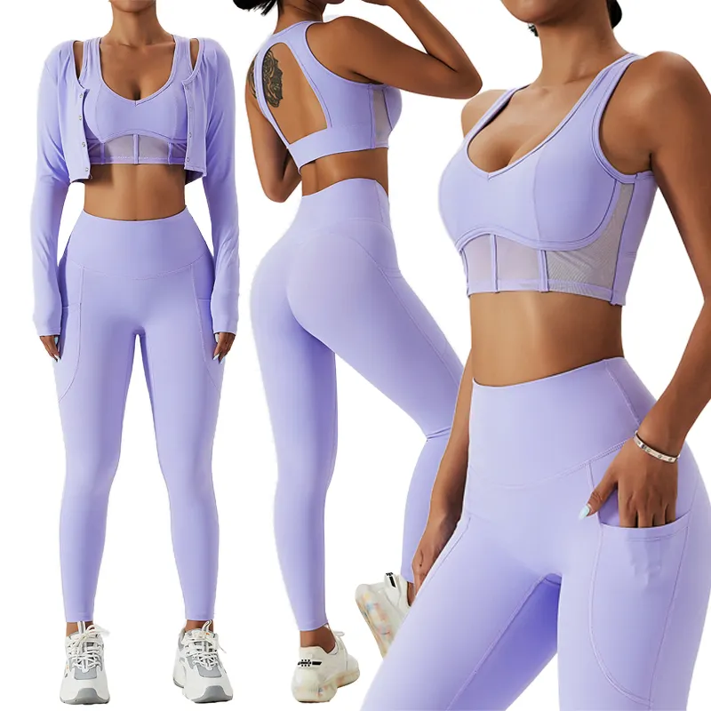 2023 Women 3 Piece Athletic Wear Long Sleeve Ribbe Yoga Set Mesh Sports Bra Fitness Leggings Suit Gym Clothing