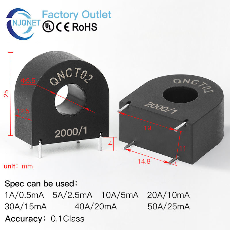 Pcb Mount Current Transformer CT QNCT02 10A/10mA 50A 25mA 10A/5mA 20A/20mA Small Current Transducer AC Precision Current Sensor