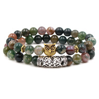 Ensemble de 2 bracelets unisexes en pierre d'agate indienne de 8 mm, tête de Bouddha, tête de crâne, casque de guerrier spartiate, couronne en fer