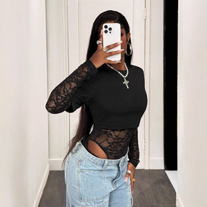 <span class=keywords><strong>Tuta</strong></span> da <span class=keywords><strong>Donna</strong></span> Sexy a <span class=keywords><strong>Maniche</strong></span> <span class=keywords><strong>Lunghe</strong></span> in Maglia Tinta Unita con Pizzo Trasparente e Patchwork, Vestibilità Slim, Stile Europeo Americano - Product Image 3