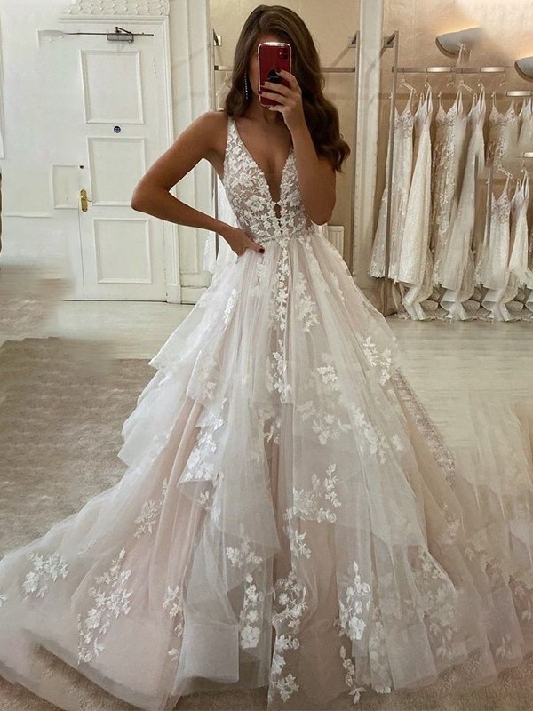 a line princess tulle wedding dress Tuscany A-line Dress with 3/4 Sleeves