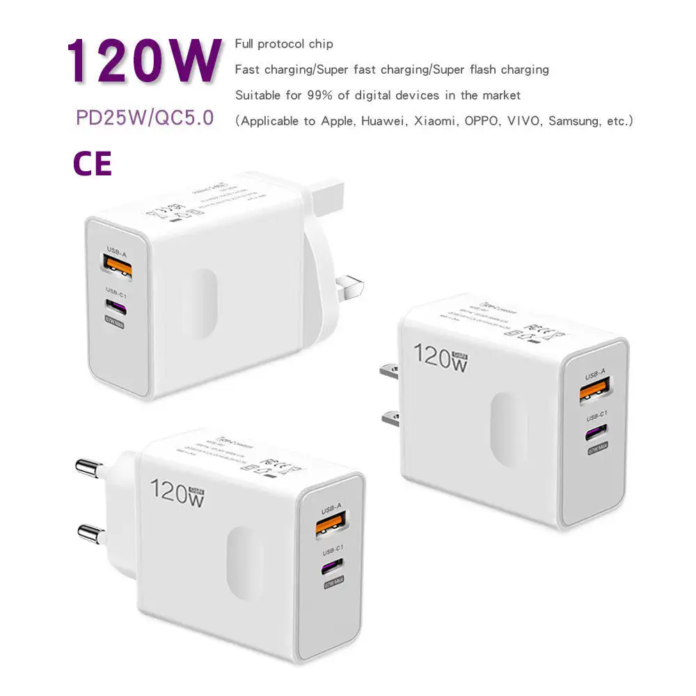 Pengisi daya dinding ponsel perjalanan cepat, port Ganda 120W PD QC3.0 USB Tipe C dengan steker EU US UK untuk iphone