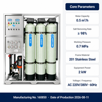 Système de traitement d'eau par osmose inverse 500 LPH, ligne d'eau en bouteille, purificateur RO, machine de purification d'eau, 0,5 T/H, rejet de sel de 98 %, 2 kW, 380 V/220 V