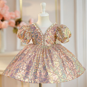 Abito da Principessa per Bambine 2025 Nuovo Vestito da Compleanno con Gonna Voluminosa in Poliestere, Silhouette a Linea A, Motivo con Paillettes, per Esibizioni di Pianoforte - Product Image 1