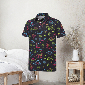 Polo à manches courtes pour homme, imprimé dinosaure de dessin animé, décontracté, respirant, en polyester tissé, noir avec couleurs néon - Product Image 3