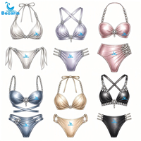 Luxueuze glanzende bikini 2026 voor dames, hoog uitgesneden badpak, sexy thong, badpak met strass steentjes, glanzende glitter satijn stof.