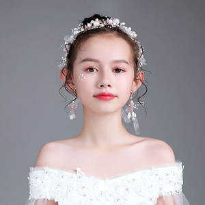 Ensemble de bijoux tiare et boucles d'oreille de mariée pour enfant, accessoires faits à la main, couvre-chef en fleurs, diadème de princesse en perle, cadeau de fête - Product Image 5
