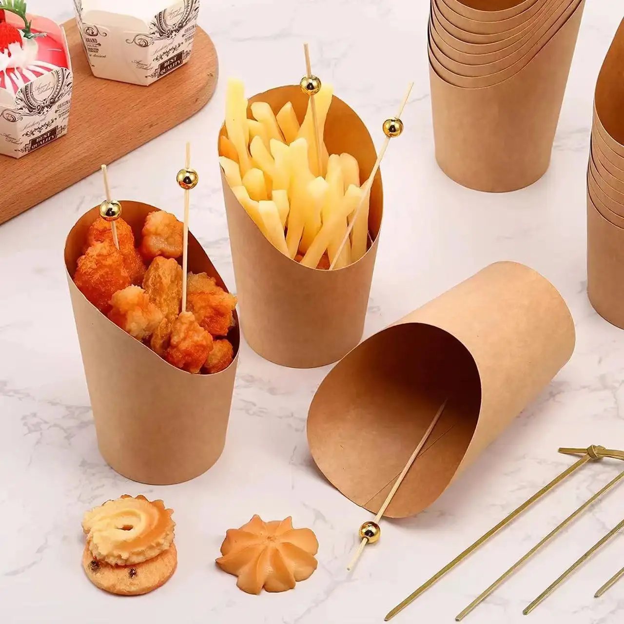 Vente en gros de gobelets jetables en papier kraft pour frites 12oz