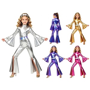 Mono de discoteca para niñas, estilo años 70, metálico, con mangas acampanadas, pantalones acampanados, cinturón, cuello alto, de spandex, ajustado, para espectáculos, fiestas, personalizado - Product Image 1