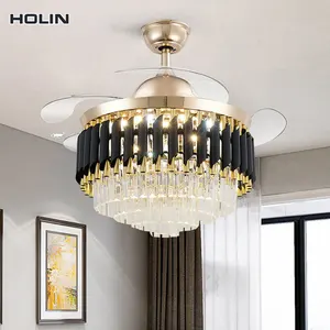 Wholesale 42-inch Gold Deluxe ABS Retractable DC Remote Control Invisible Crystal Chandelier Fan Lamp Ceiling Light With Fan