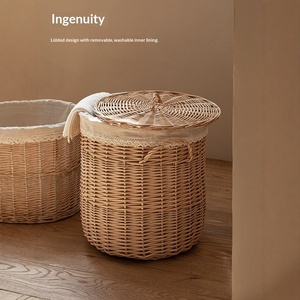 Custom <strong>Wicker</strong> Covered Modern Circle <strong>Laundry</strong> <strong>Basket</strong> Handmade Double Handle Storage Bin Guesthouse Bathroom Clothes Organizer - Product Image 2