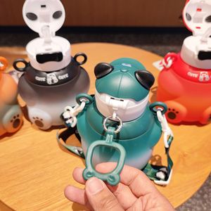 Cartoon Animal Bear Water Cup With Straw Strap And Handle For Kids Travel Green Black Red Orange - Product Image 4