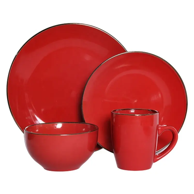 Vaisselle écologique ronde en céramique rouge, vaisselle de luxe en grès, 16 pièces