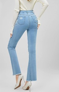 Jeans déchirés à l'avant et aux poches, ourlet effiloché, jeans de haute qualité pour femmes, taille haute, bleu clair, jeans décontractés, jeans skinny évasés pour femmes - Product Image 4