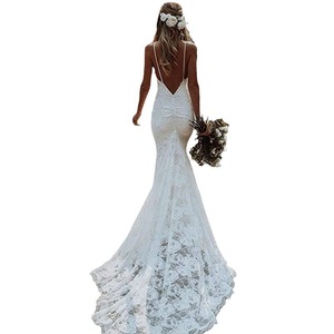 Halter Neck Mermaid Lace Wedding Dress Ivory White Backless Slim Fit Natural Waistline Travel Photography Gown - Product Image 4