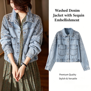 Veste en jean à sequins pour femme, coupe oversize, style boyfriend, épaules tombantes, effet délavé, ornée de perles - Product Image 3