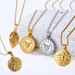 Men waterproof necklace stainless steel lion jewelry 18k gold plated trident pendant hiphop lion of judah necklaces