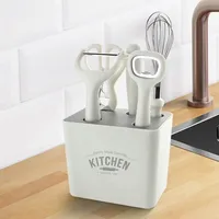 6-in-1 multifunctionele keuken gadget set met opbergbak, schaar, schilmesje, messen, eiermixer en flesopener voor thuisgebruik