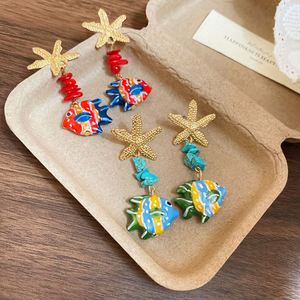 Pendientes Colgantes Bohemia de Aleación de Zinc con Baño de Oro, Diseño de Estrella de Mar y Pez Pequeño, Estilo Fresco y Dulce para Vacaciones en la Playa - Product Image 5