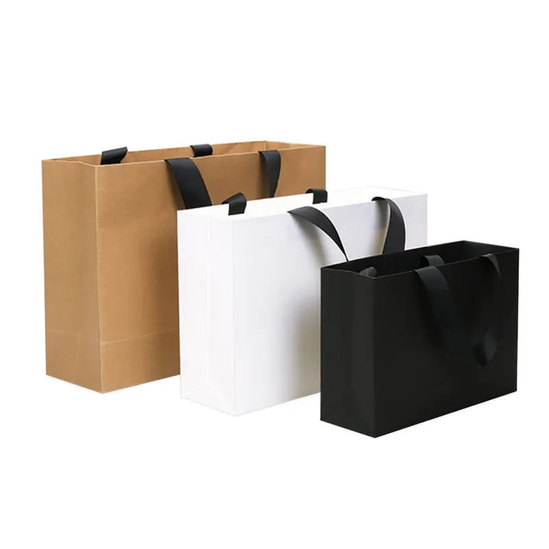 High Quality Low Moq Ecofriendly Custom Logo Print Shoes Clothing Bags Reusable Kraft Paper Shopping Bags With Ribbon Handles