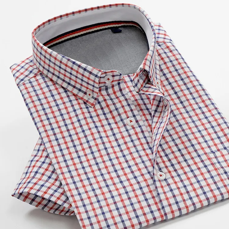 Accept custom woven turn-down collar men summer formal short sleeve plaid dress shirt cotton