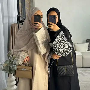 Nieuwste Abaya Dubai 2024 Linnen Borduurwerk Abaya Vrouwen Moslim Jurk Elegante Open Abaya Kimono Islamic Kleding