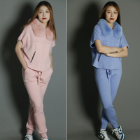Ensemble 2 pièces pour femmes-Top à manches courtes avec fourrure-Cardigan décontracté en laine mélangée-Ensemble 2 pièces avec col en fourrure de renard