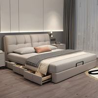 Lit de rangement moderne rembourré avec sommier relevable et tiroirs latéraux : Lit plateforme en similicuir capitonné à grille en gris clair