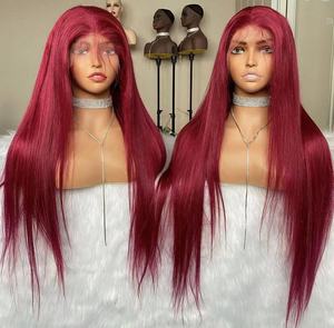 Parrucche per capelli umani anteriori <span class=keywords><strong>in</strong></span> pizzo colorato 99J parrucca frontale <span class=keywords><strong>in</strong></span> pizzo trasparente 13X4 bordeaux riccia profonda parrucca rossa vino Glueless per donna - Product Image 4