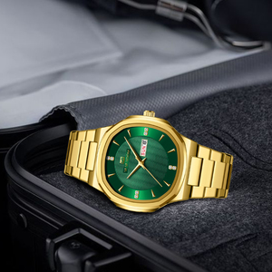 Reloj de pulsera de cuarzo para hombre, estilo hip hop, moderno, con correa dorada completa, calendario dual y fecha. - Product Image 5