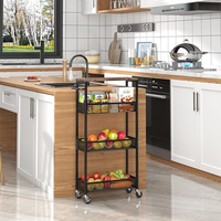 Étagère de rangement multifonctionnelle à roulettes en fer noir moderne à 3 niveaux réglables pour cuisine, bouteilles d'épices et ustensiles de cuisson, robuste
