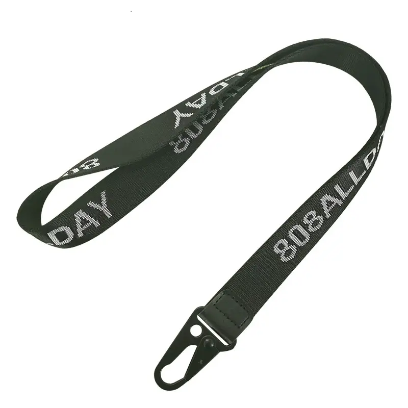 Custom Logo Neck Strap Lanyard Sem ordem mínima Grosso Poliéster Webbing Bordado Jacquard 2.5CM Tecido Lanyards com mosquetão