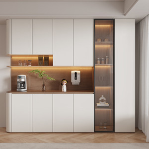 Meuble d'appoint et armoire haute intégrés style crème, mural pour salon, cave à vin avec coin arrondi, armoire de rangement - Product Image 2