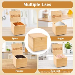 Boîte à épices en bois avec couvercle magnétique et base pour le rangement des condiments de cuisine, couleur bois naturel - Product Image 5