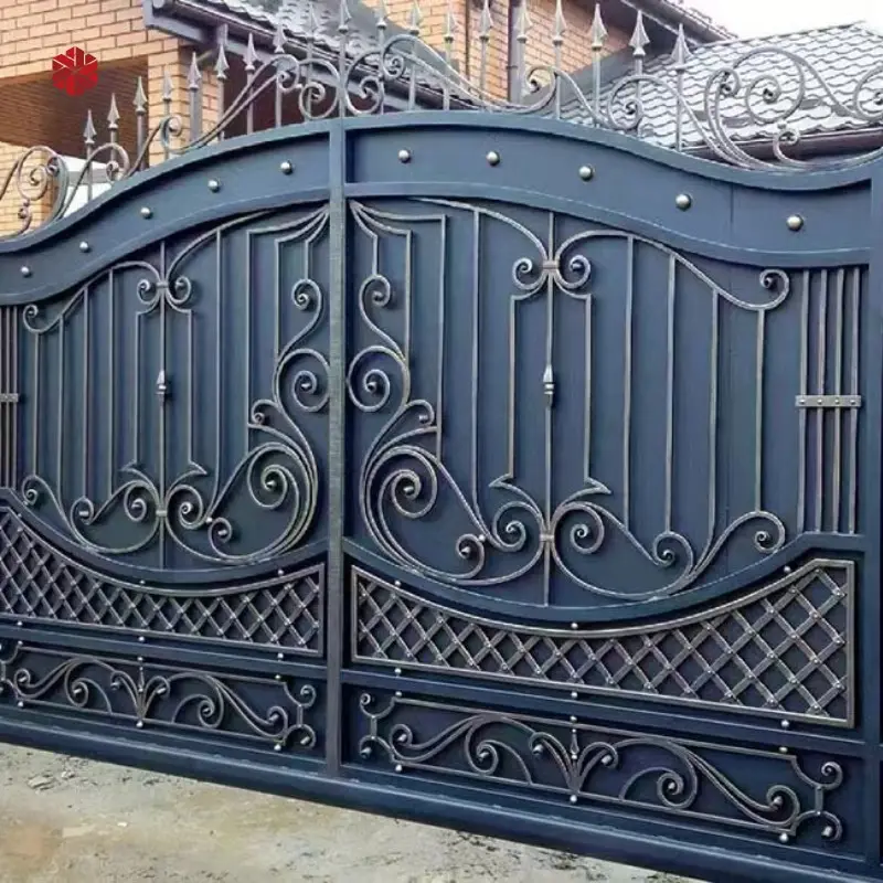 Portes d'entrée en métal noir accessoires de porte en fer forgé dernière conception de porte principale avec roue