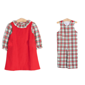 Monogram Giáng Sinh Nhung Ăn Mặc Với Áo Sơ Mi Sọc Dài Tay Áo Ruffle Cổ Áo Bé Toddler Cô Gái Ăn Mặc - Product Image 1